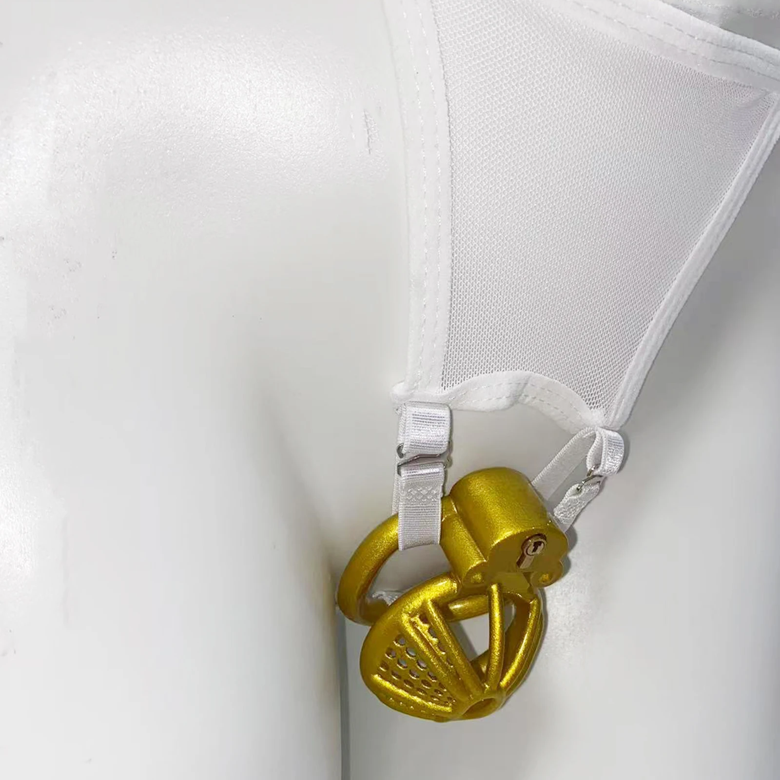 White Thong Male Chastity Cage with Fixed Strap Anti-Off Device Elastic Band BDSM Auxiliary Belt Penis Ring for Adult