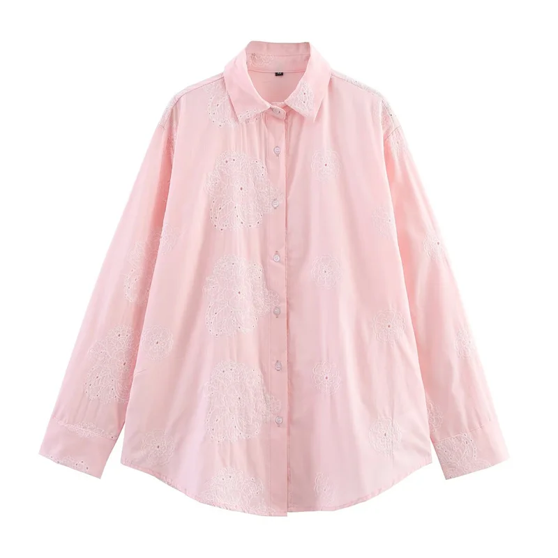 

Women's Blouse New Summer 2025 Pink Long Sleeve Loose Casual Shirt Embroidered Pattern Decoration Casual Fashion Personality