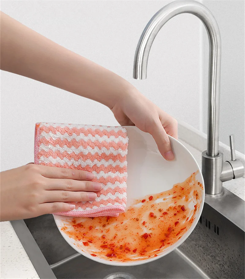 5PCS Microfiber Thick Kitchen Towel Non-stick Oil Dishcloth Household Kitchen Rags Gadget Table Cleaning Wipe Cloth Scouring Pad