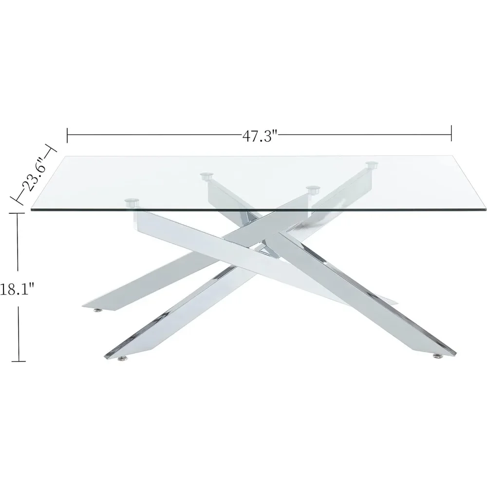 Rectangle Modern Coffee Table Coffe Table for Living Room Furniture Silver Tempered Glass Top and Metal Tubular Leg Furnitures