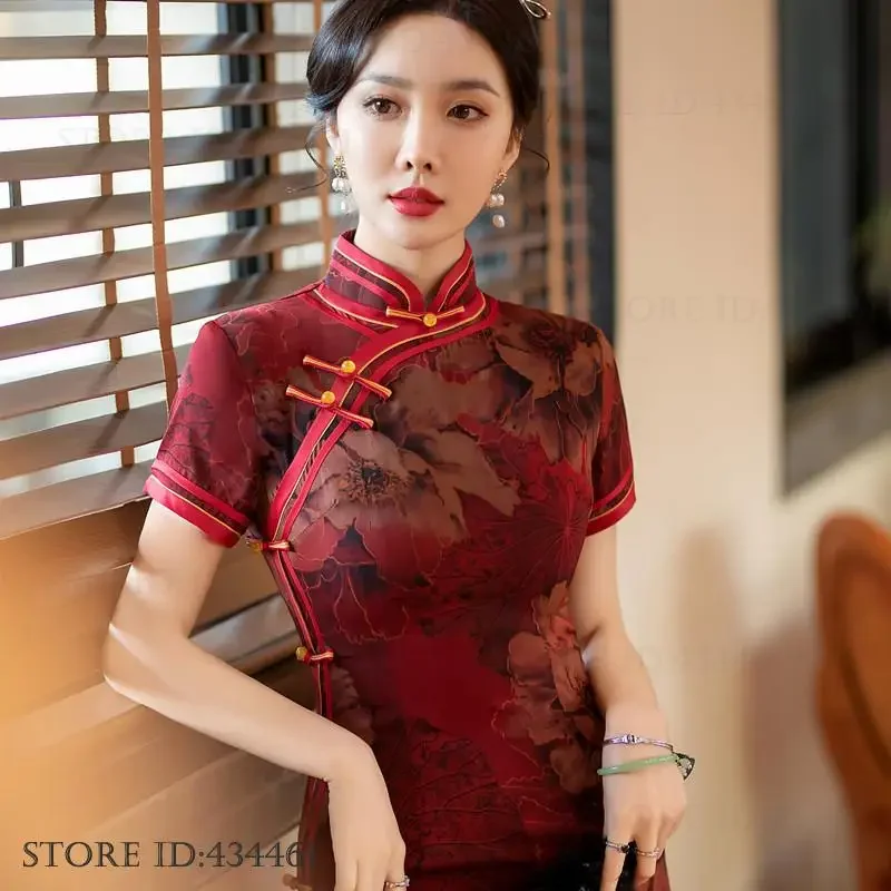 

Plus Size Silk Satin Cheongsam Traditional Chinese Femlae Long Qipao Classic Mandarin Collar Print Flower Chinese Dress Vestidos