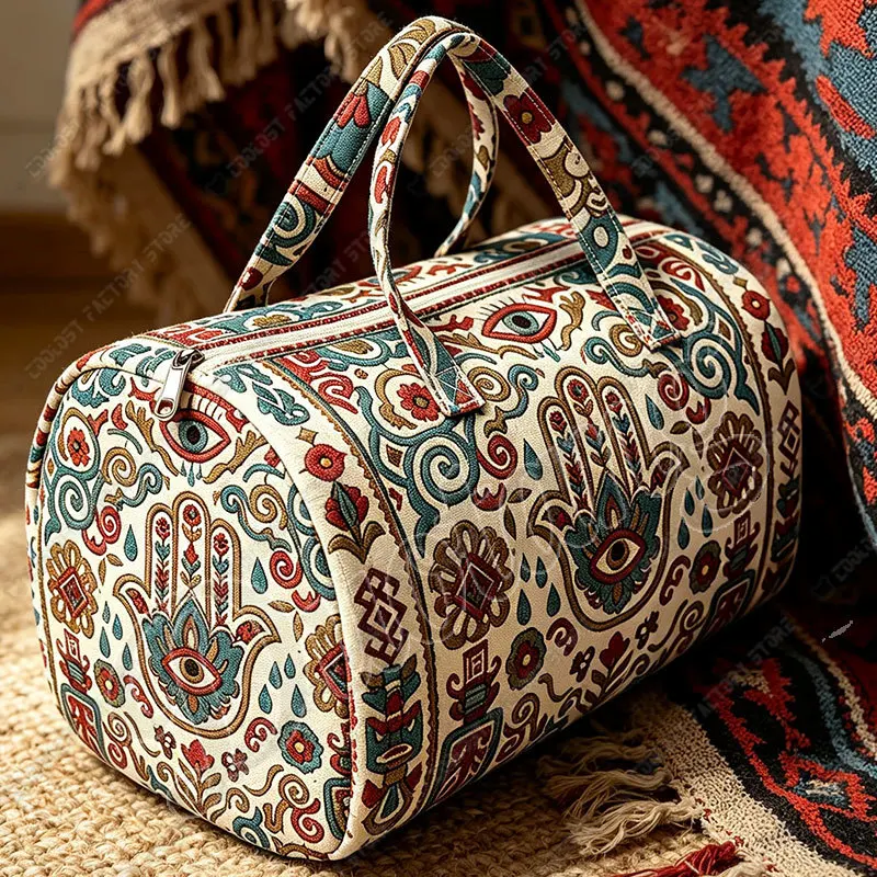 Hamasa Hand of Fatima Pattern Handbag for Travel 2D Flat Quilted Women Duffle Totes Shoes Holder Large Capacity Shoulder Bags