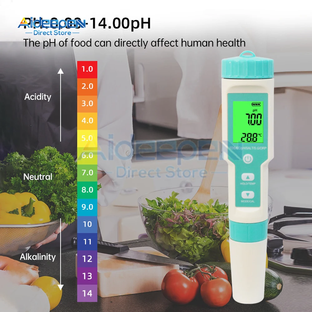 7 in 1 TDS/PH/EC/SALT/S.G/ORP/TEMP Meter Portable Pen Water Quality Purity Tester LCD backlight for Pools Aquarium Hydroponic