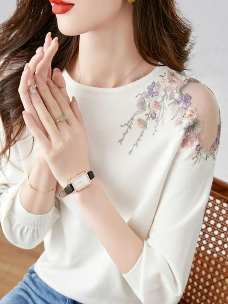 Summer Flower Embroidery Knitted Sweater Women Pullover Casual Fashion Women Tops 2024 O-Neck Knit Women Swearer Pullovers G416