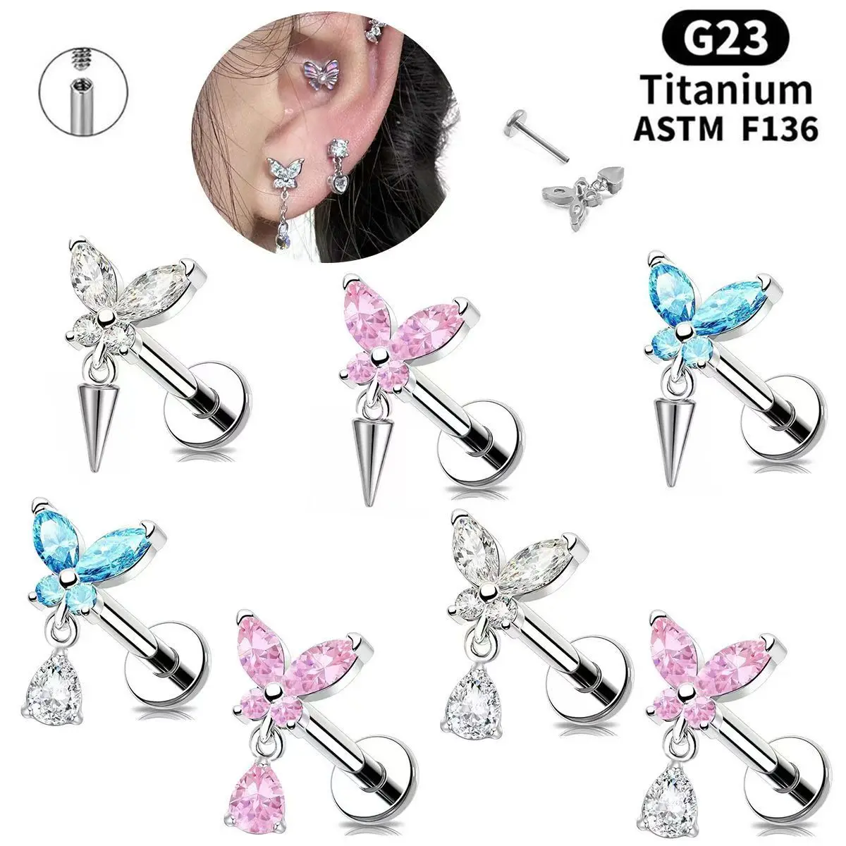 

ASTM F136 G23 Titanium Flower Threadless Earring Piercing - Butterfly Pin Daith Conch Push-in ear Stud Jewelry