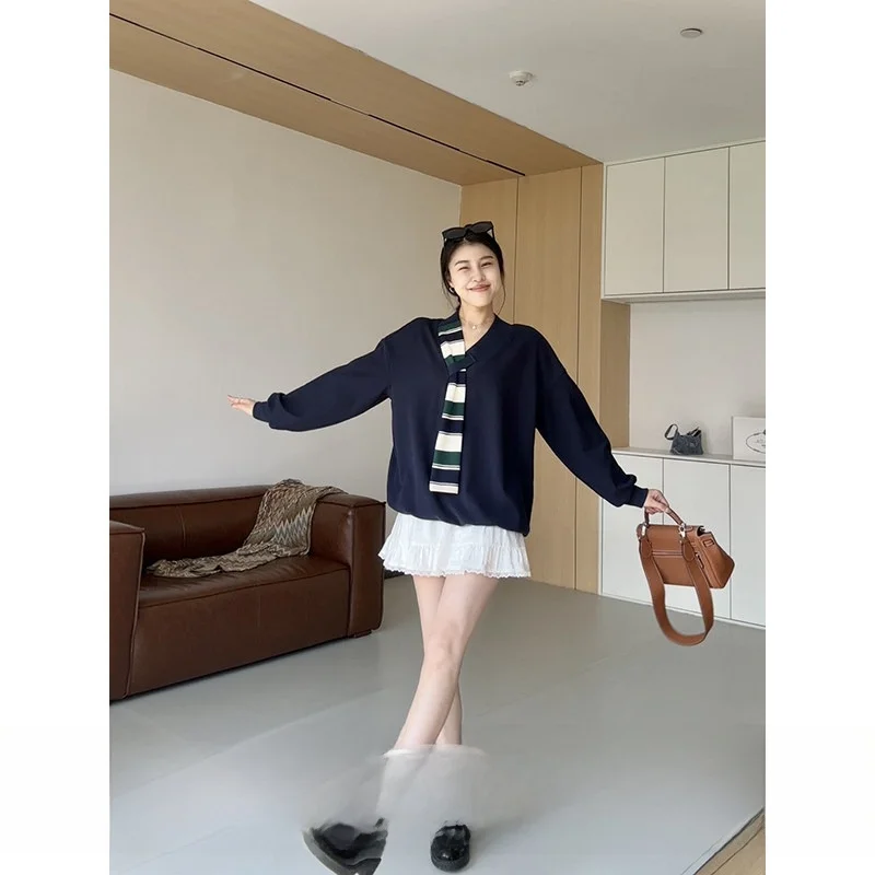 

Lazy Sle Fake Two-Piece Scarf Design Loose Meat Covering Hoodie White Cake Skirt Women's Faion Set Autumn Cotton Long Sve