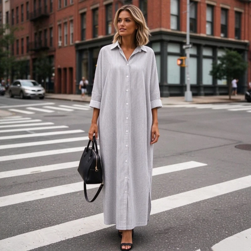 Spring new plus size ladies cotton and linen striped cardigan loose temperament commuter irregular dress 3