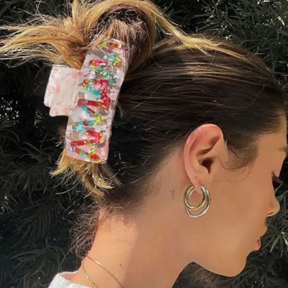 

Sweet Square MAMA Hair Claw Retro Ponytail Clip Acetic Acid Shark Clip Colorful Leopard Print Geometry Hair Claw Wash Face