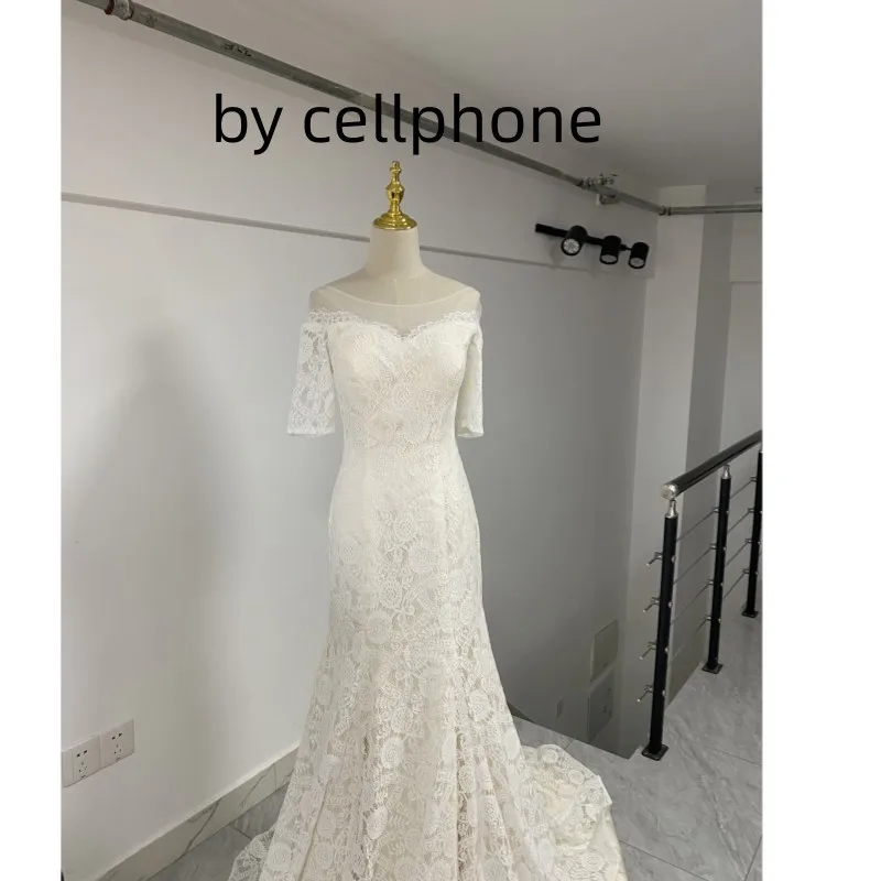 Ezkuntza – robe de mariée sirène en dentelle, tenue Simple à manches courtes, col bateau, balayage, brosse, traine, 2022