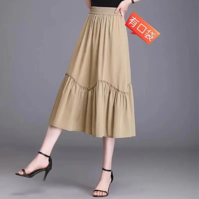 New Women Summer Chiffon Midi Skirt Ruffles Vintage Big Large Plus Sizes Casual Elegant Party Fashion Loose Skirts