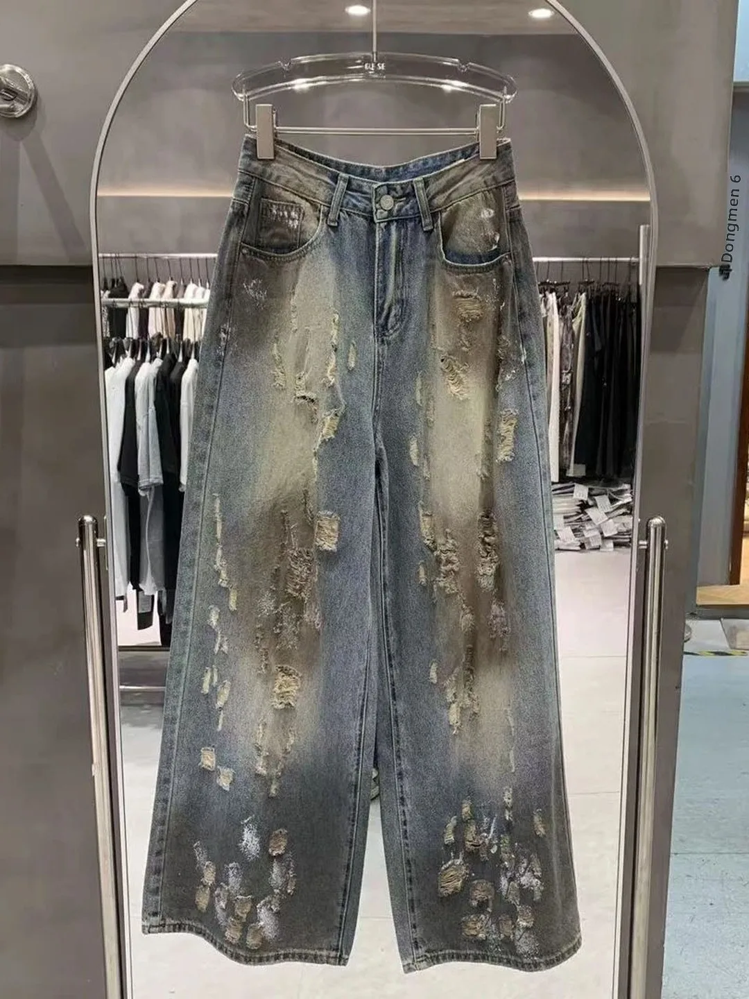 

Retro Summer 2026 Wide Leg Denim Jeans Women's High Waist Distressed Color Bleed Design Commute Style Wear Resistant