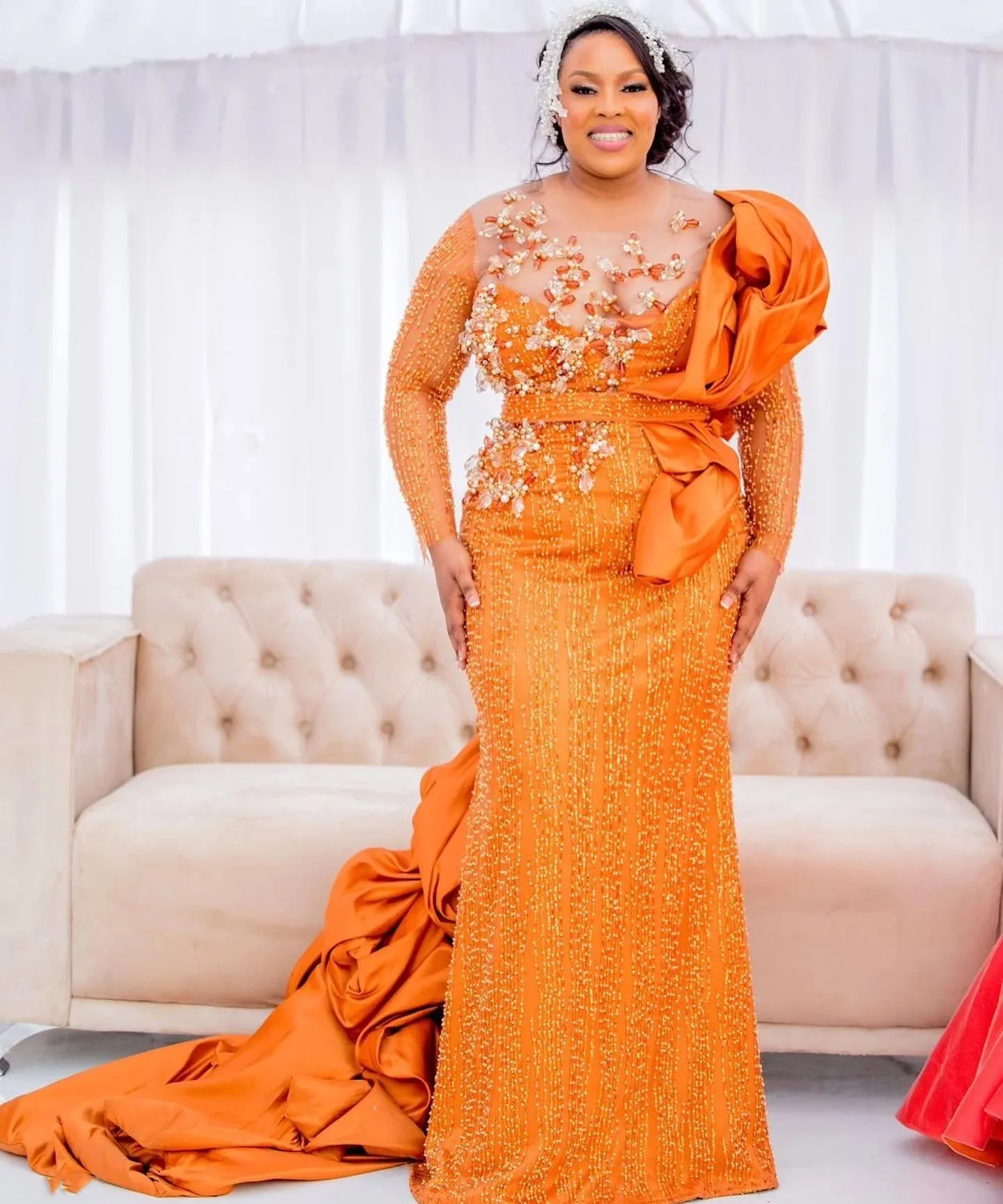 

Aso Ebi плюс размер оранжевое платье русалки для выпускного вечера с кристаллами и бисером вечерние вечерние вечерние платья для второго приема на 50-летие, помолвочные платья