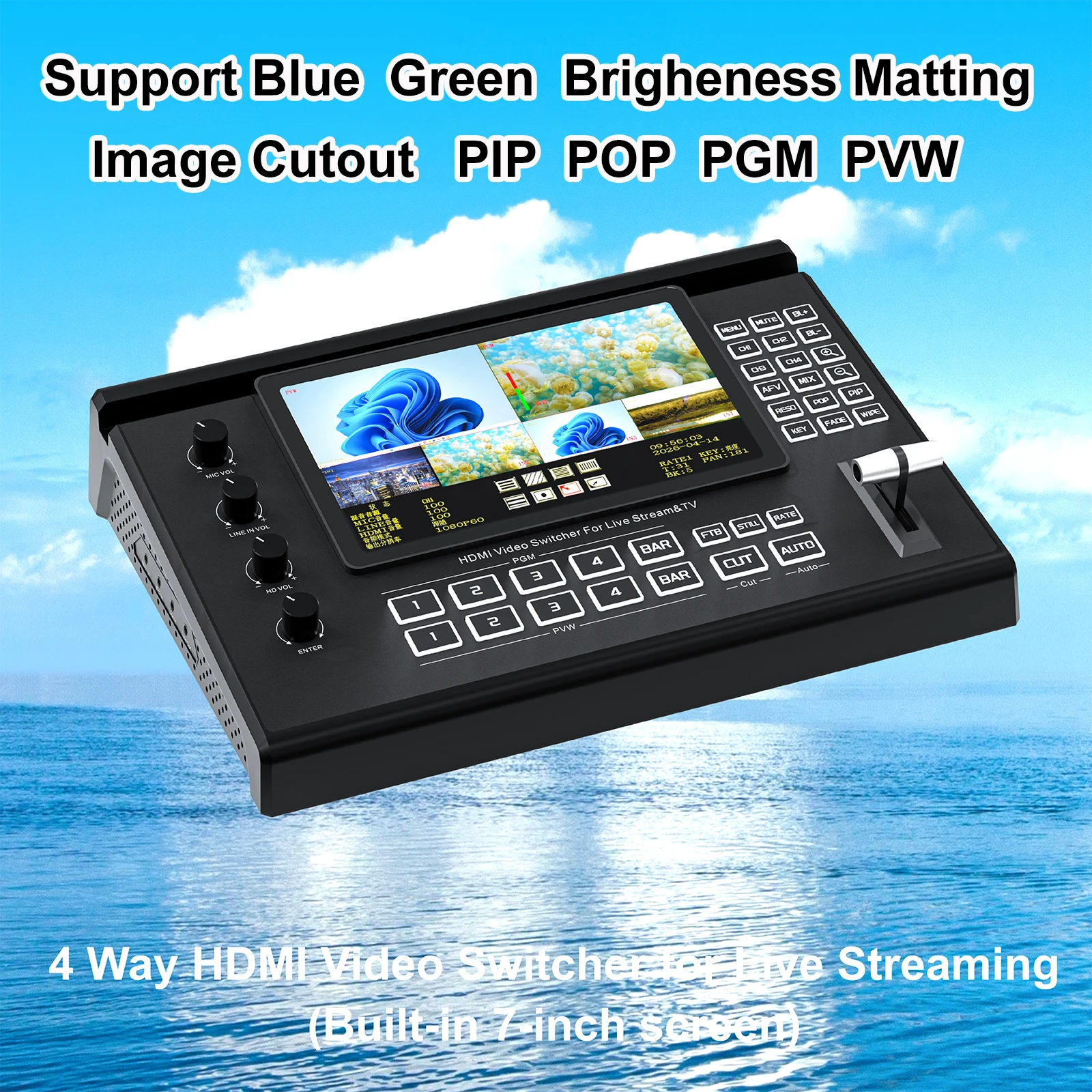 4K 60Hz 4 Channel HDMI Video Mixer Switcher for Multi Camera Live Streaming Green Screen Chroma Key Blue Matting Image Cutout