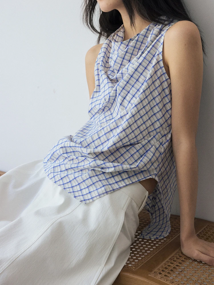 Top de Verano para Mujer Silver Coast HaveRice, Estilo Ceco, Cuello Oscilante Pequeño, Tejido a Cuadros de Colores, Diseño...