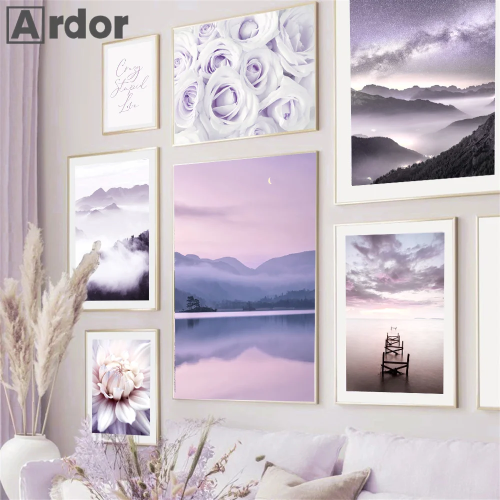 Violet Dream Lake Bridge Bloom Flower Magic Hands Wall Art Canvas Painting Living Room Decor Posters And Prints Wall Pictures