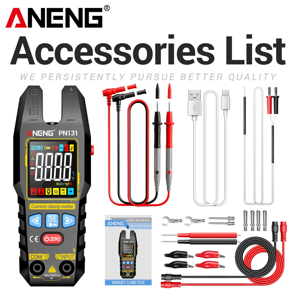 Multifunctionele klemmeter 200A AC/DC stroom 600V spanningsdetectie essentiële tool voor elektricienonderhoud ANENG PN131