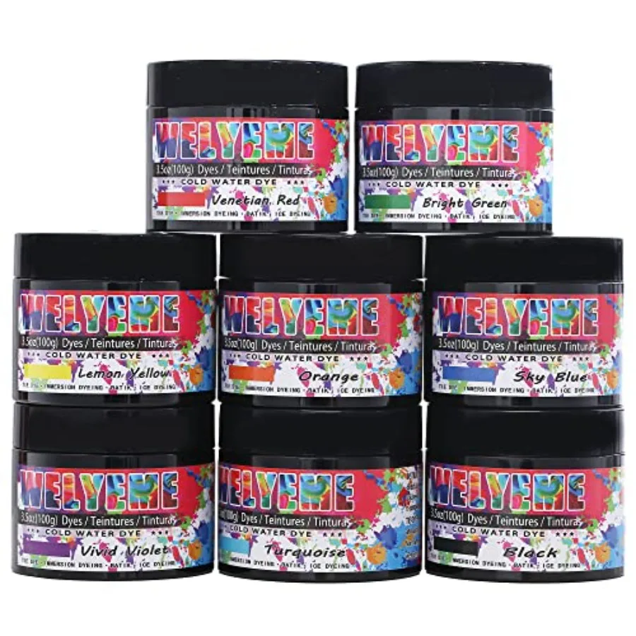 

Cold Water Dye Powder, 8-Color Assortment, 7/2-oz. Bulk Jars, for Tie-Dye, Batik, Ice Dyeing