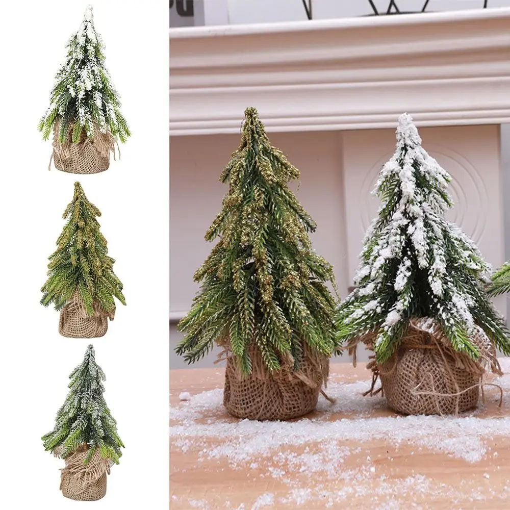 Mini arbre de Noël en toile de jute verte faite à la main, décoration de bureau, arbre de Noël l'inventaire enrichi par la neige, salon stable, 20cm