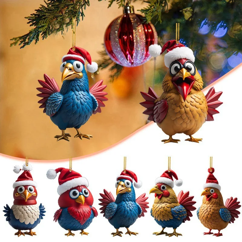 Creative Animal Chicken Rooster Series Acrylic Pendant Christmas Tree Auto Interior Key Ring Pendant Decoration Christmas Gift