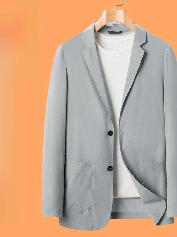 

Удобный мужской летний повседневный костюм из ледяного шелка, ультратонкий, приталенный, в деловом джентльменском стиле, из тонкого материала, с плоским воротником, на одной пуговице