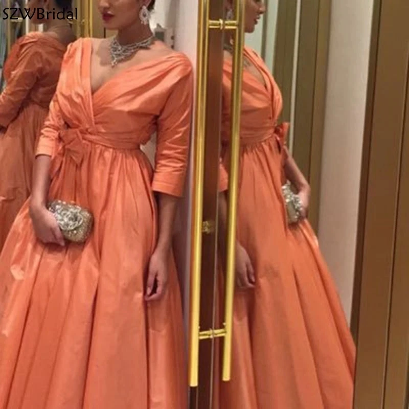 

Romantic Orange Satin V Neck Half sleeves Evening dress Plus size A-Line Vestidos formais Cheap formal dresses Prom Party gown