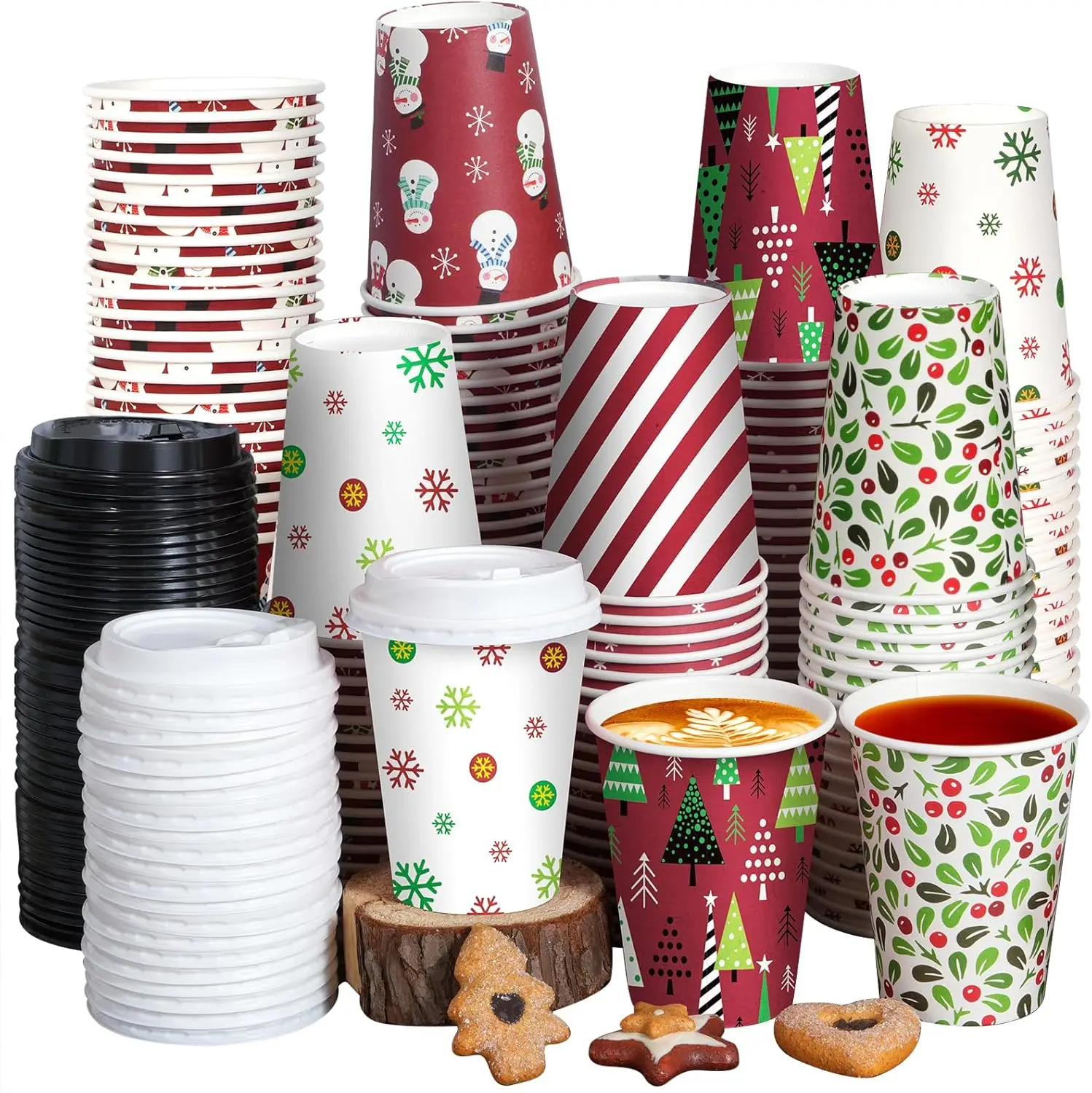 

100 Pieces 12 oz Christmas Paper Cups with Lids, Disposable Coffee Cups for Cold Beverage Hot Drinking,Snowflake Tree St