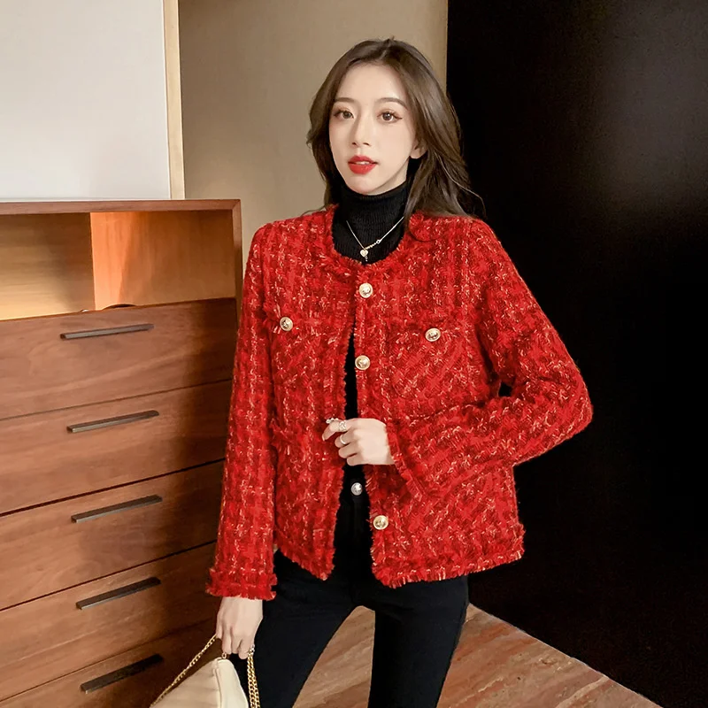 

Winter 2023 New Vintage Down Cotton Thickened Coat Women's Fashion Red High Quality Female Woolen Jacket