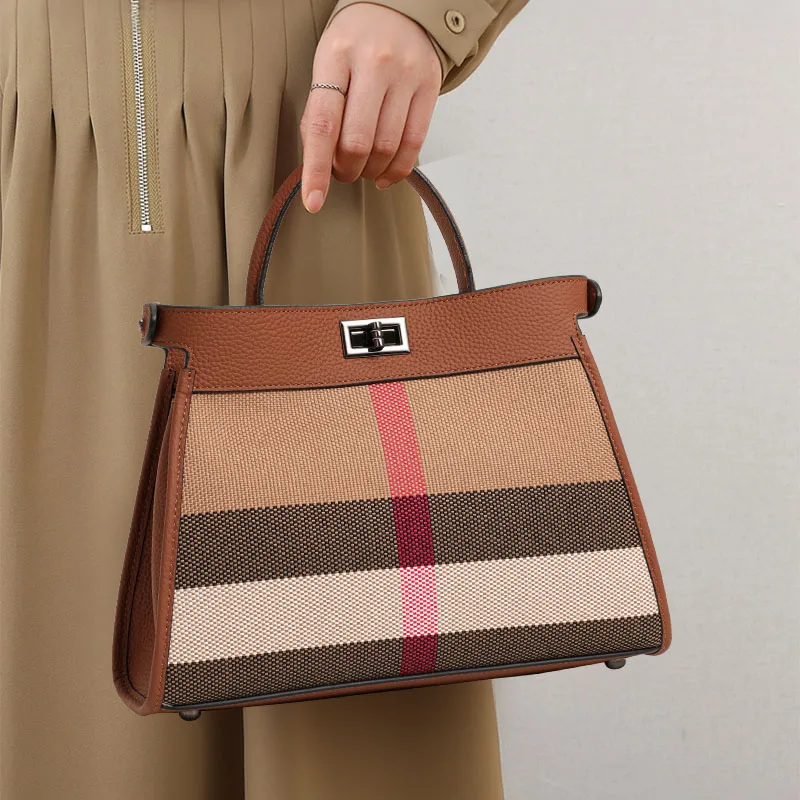 Aidrani Genuine Cowhide Women Tote Bag,Vintage Plaid Canvas Handbag,Pebbled Leather Crossbody Shoulder Purse For Daily Travel