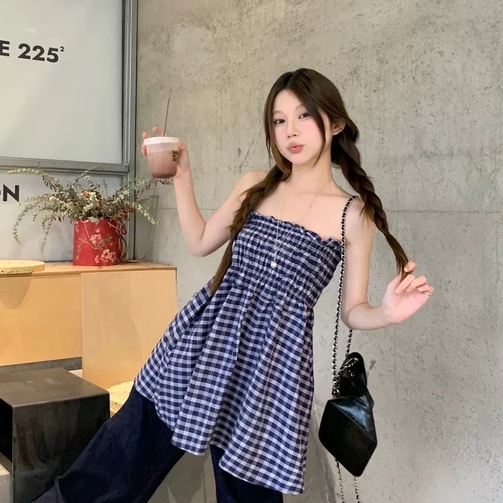 Vestidos sin mangas para mujer, vestido para invitados de boda, otoño, abotonado, cuadros, solapa con paneles, pretina estructurada a cuadros, literario Y2K