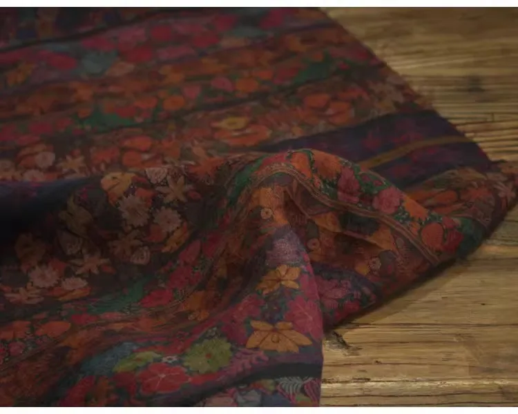 

1yard Wash pure linen with water fabric Wide stripe flower print tela Designer cheongsam clothing fabric for sewing