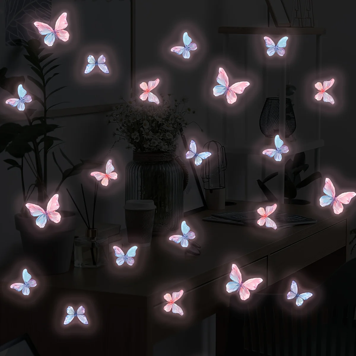 5-Pack Luminous Pink Butterfly Wall Stickers, Self-Adhesive Removable PVC Decor Decals.