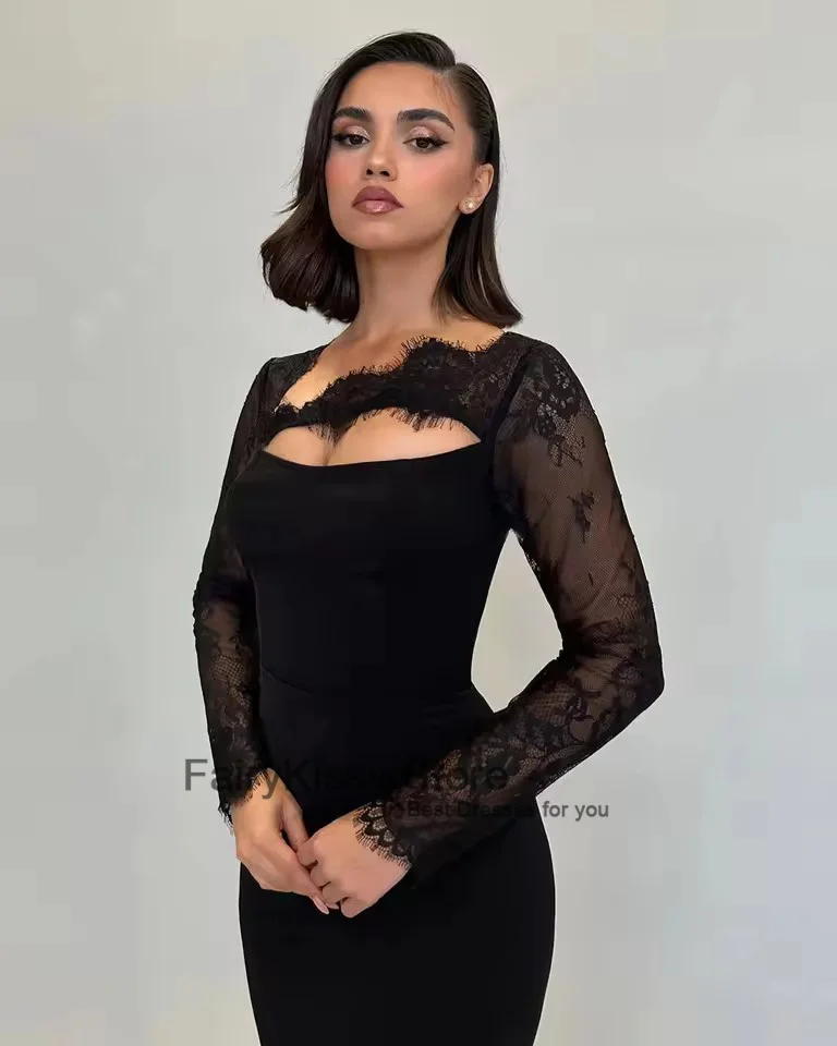 FairyKissy Schwarze elegante Meerjungfrau-Abendkleider mit langen Ärmeln, Spitze, formelles Anlasskleid für Damen, Etui-Party-Abschlussballkleider