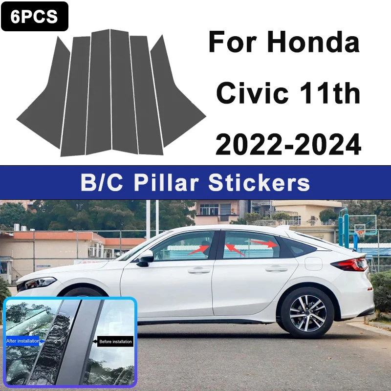 

For Honda Civic 11th 2022-2024 Glossy Black PC Material Window Column Car Door Center B C Pillar Post Cover Trim Car Accessories