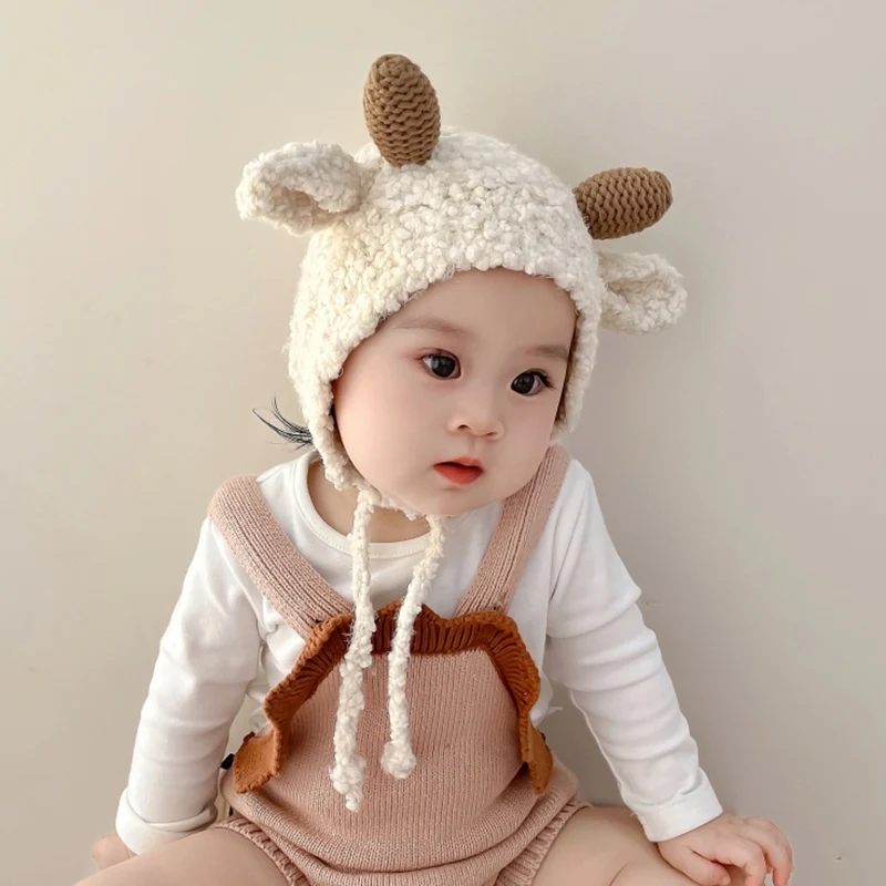 Baby Knitted Hat Newborn Solid Color Cap for Newborn Boys Girls Cute Sheep Shape Autumn Winter Infant Toddler Warm Cap