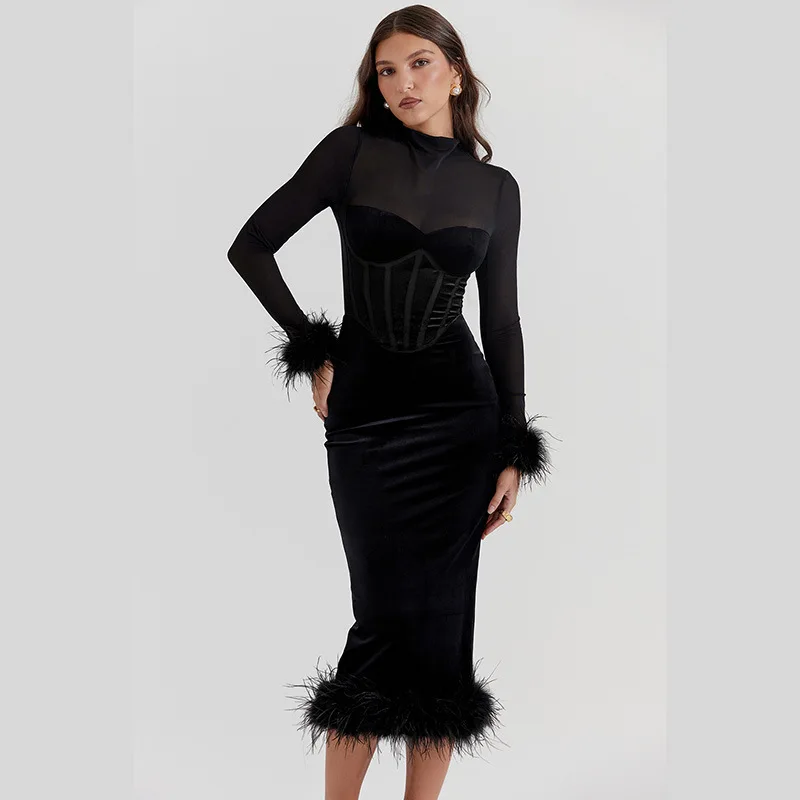 2024 Spring Summer New Women Semi-Sheer Spliced Dress Elegant Chic High Neck Rough Edge Long Sleeved Waist Tied Formal Dresses