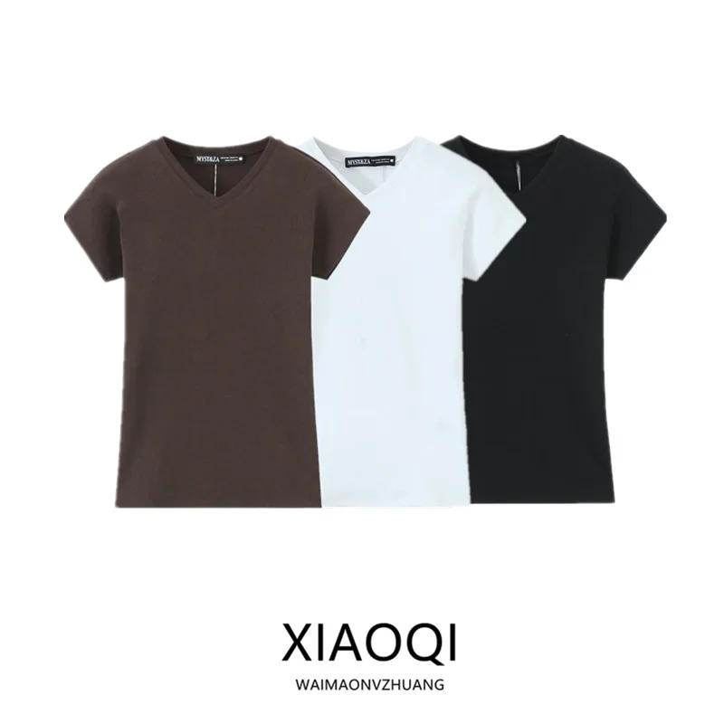 Lente 2025, dames slim fit, rechte pijpen, V-Ne T-shirt, katoenmix, normale lengte, zomer, nieuwe collectie