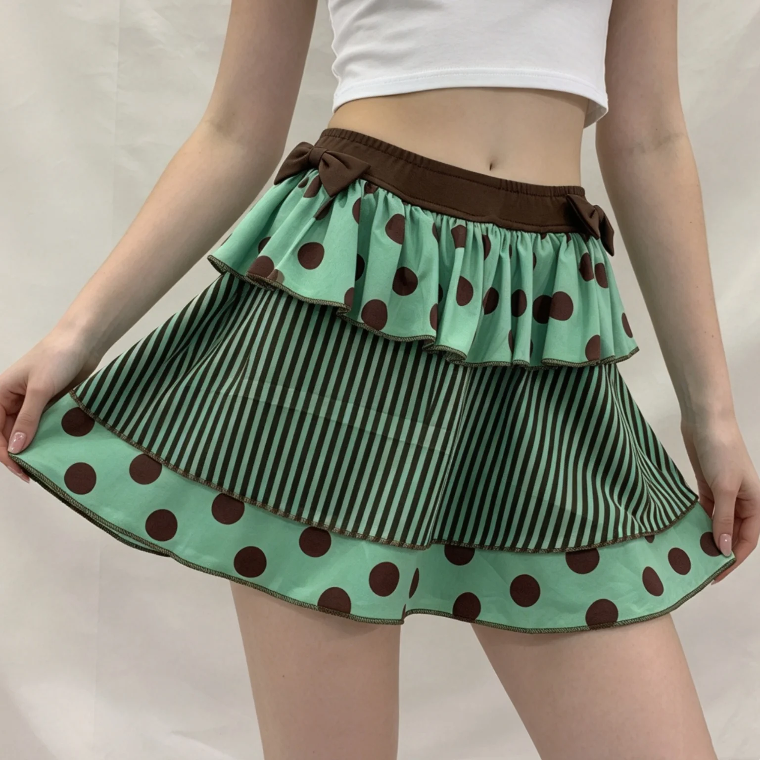 Cute Ladies Layer Ruffle Mini Skirt Polka Dot Striped Patchwork Bow Decor Summer Casual Short Skirt