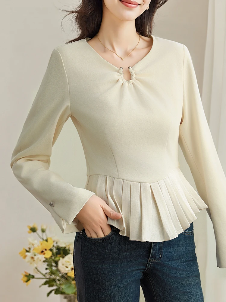 Stylish Office Ladies Apricot Shirts Long Sleeve Korean Fashion Women Tops Slim Waist Ruffles Shirts Solid Color Commute Shirts