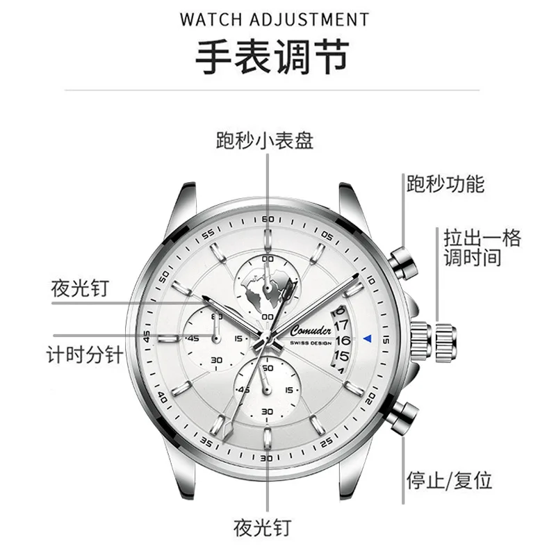 Men\'s Watch Leather Strap Quartz Watch Waterproof Calendar Quartz Movement Man Wrist Watch Business Style A4319