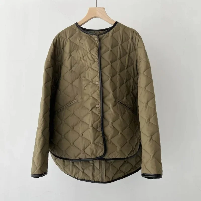 Rhombus Plaid Silhouette Padded Jacket Front Long Back Short Jacket Army Green Padded Jacket Women Parkas