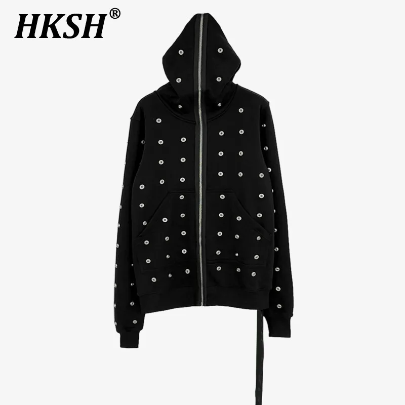 HKSH Autumn Men\'s Tide Dark Niche Design Double Line Punk Multi Nail Hoodies Fashion Chic Zipper Hooded Gothic Sweatshirt HK2800