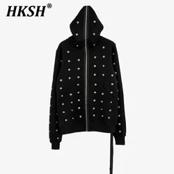 HKSH Autumn Men's Tide Dark Niche Design Double Line Punk Multi Nail Hoodies Fashion Chic Zipper Hooded Gothic Sweatshirt HK2800