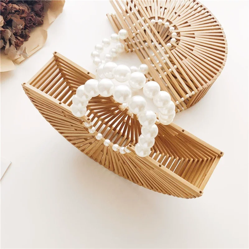 Boho Two-Tone Striped Bamboo Tote Bag Ladies Hollow Out Half Moon Fan Handbag Mixed Color Wood Summer Seaside Party Clutch Bag