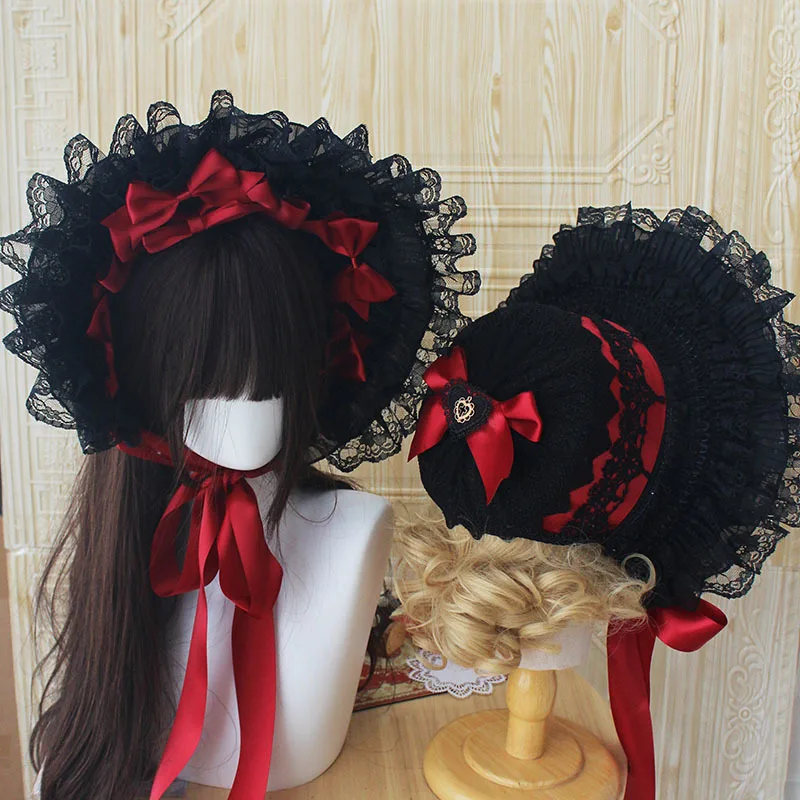 Dark Black Girl Gothic Bonnet Hat Vintage Victorian Cosplay Lolita Gorgeous Lace Hat Headwear