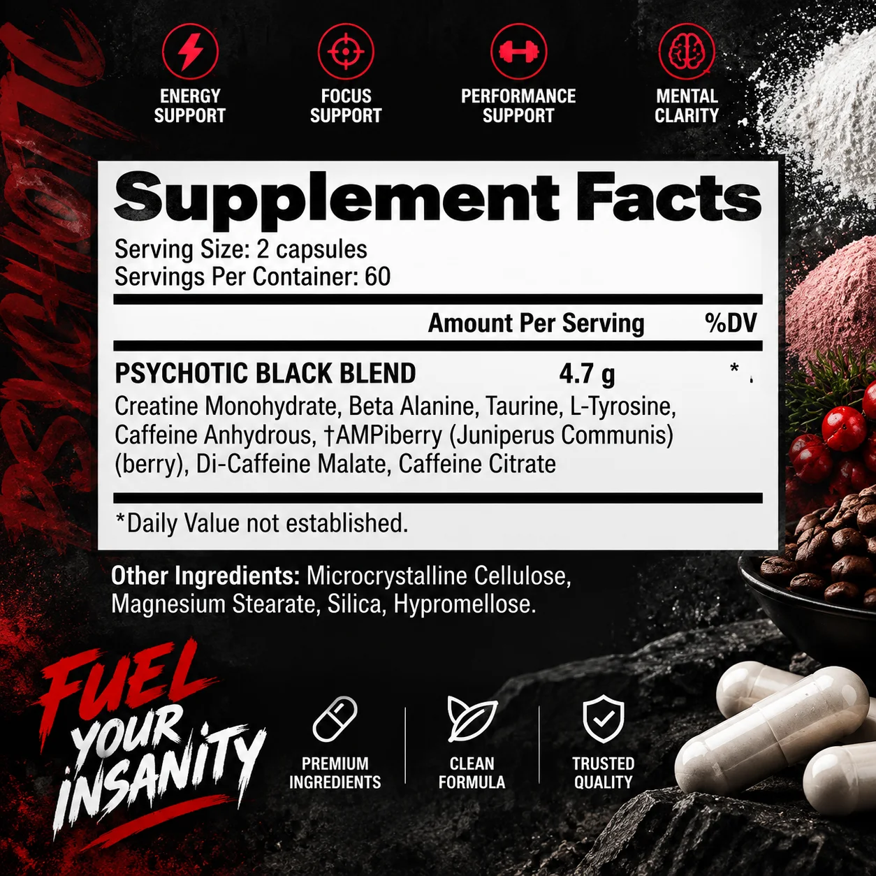 Psychotic Dietary Supplements - Helps Build Muscle, Improve Athletic Performance, Improve Mental Clarity, Focus, Boosts Energy