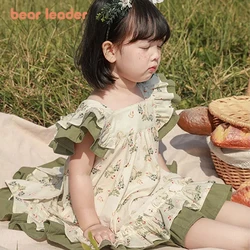 Bear Leader Girls' Dress 2023 Summer Latest Girls' Sweet Ear Hem Dress Bowknot Baby Retro Slim Skirt 2-7Y Girls' Clothing