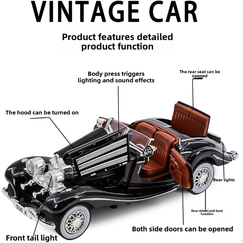 1/32 シミュレーション合金ベンツ 500K クラシックカーモデル子供の音と光プルバックおもちゃの車少年合金車モデルギフト