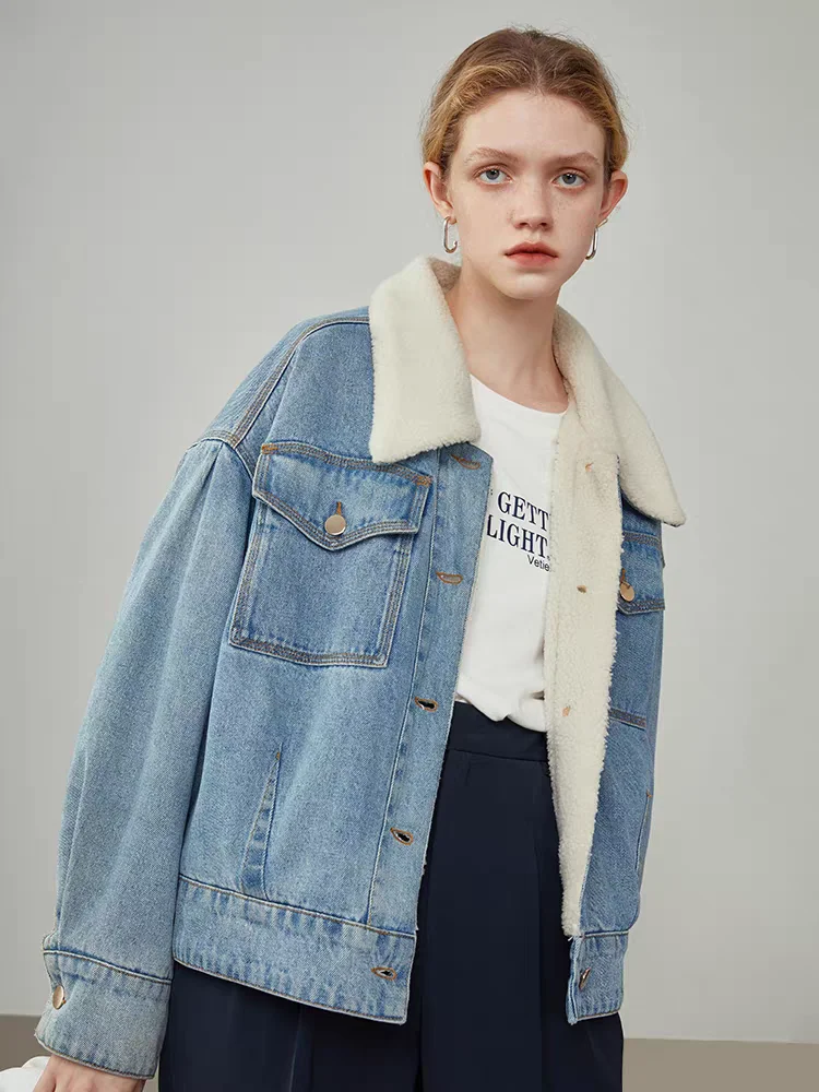 

Джинсовое пальто для женщин, длинные меховые плюшевые женские зимние куртки с хлопковой подкладкой, большие куртки для отдыха в городском офисе с капюшоном и мягкой подкладкой на пуговицах