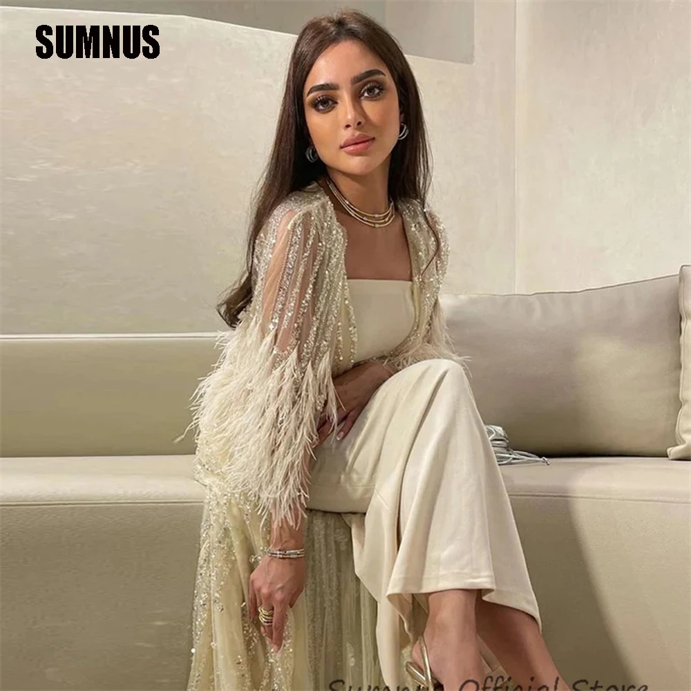 SUMNUS Luxury Sequined Evening Dresses Mermaid Vintage Feathers Stain Saudi Arabia Robes De Soirée Abendkleider Dubai Party Gown