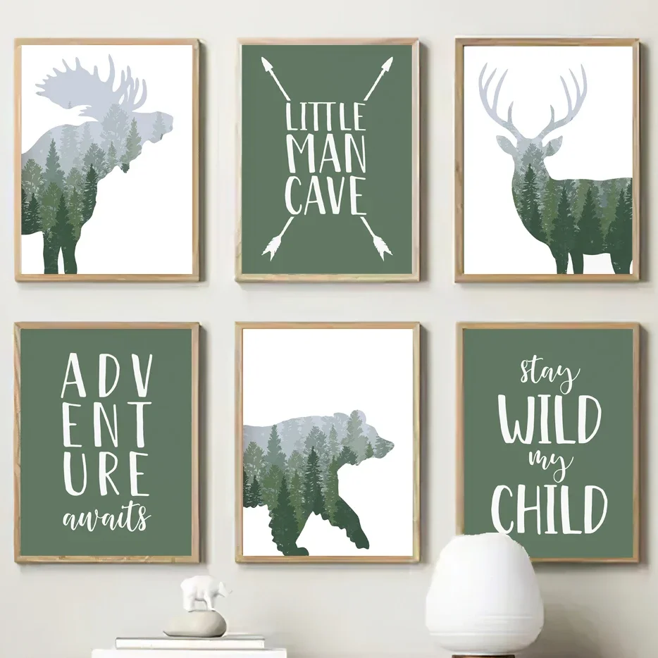 Deer Bear Moose Green Woodland Quote Nursery Wall Art Canvas Painting Nordic Posters And Prints Wall Picture For Kids Room Decor